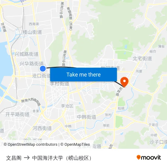 文昌阁 to 中国海洋大学（崂山校区） map