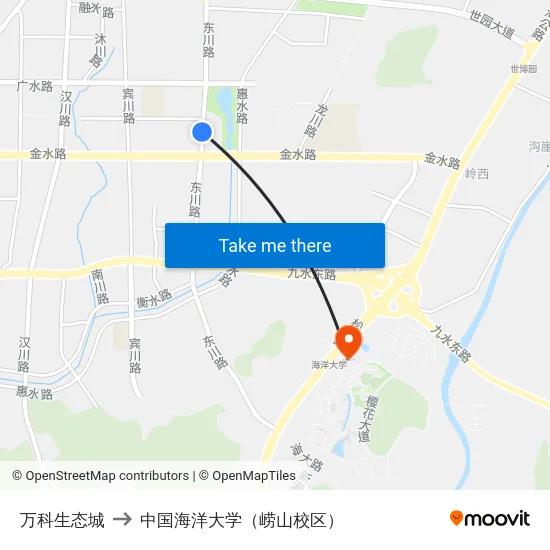 万科生态城 to 中国海洋大学（崂山校区） map