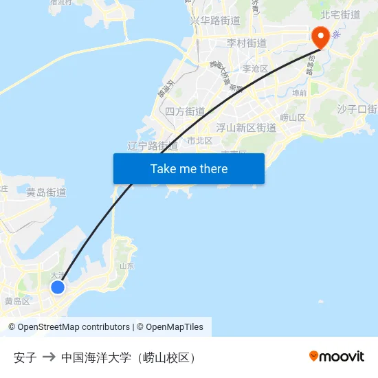 安子 to 中国海洋大学（崂山校区） map