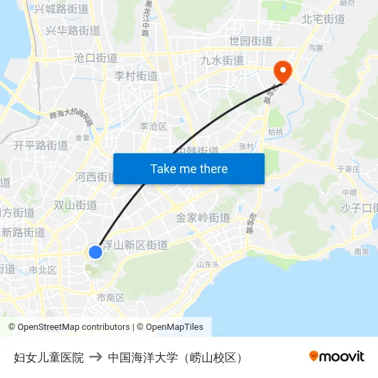 妇女儿童医院 to 中国海洋大学（崂山校区） map