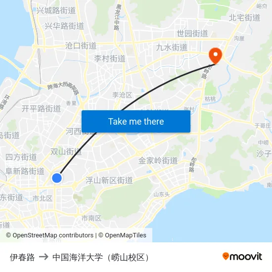 伊春路 to 中国海洋大学（崂山校区） map