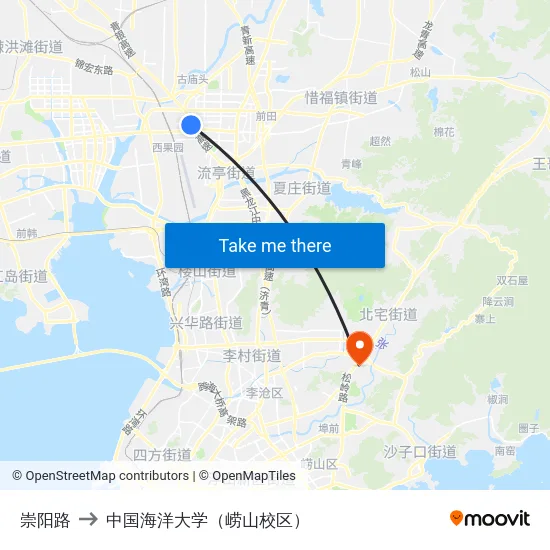崇阳路 to 中国海洋大学（崂山校区） map