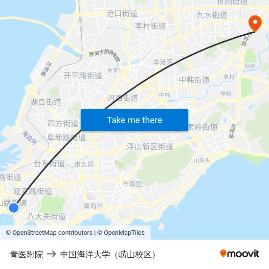 青医附院 to 中国海洋大学（崂山校区） map