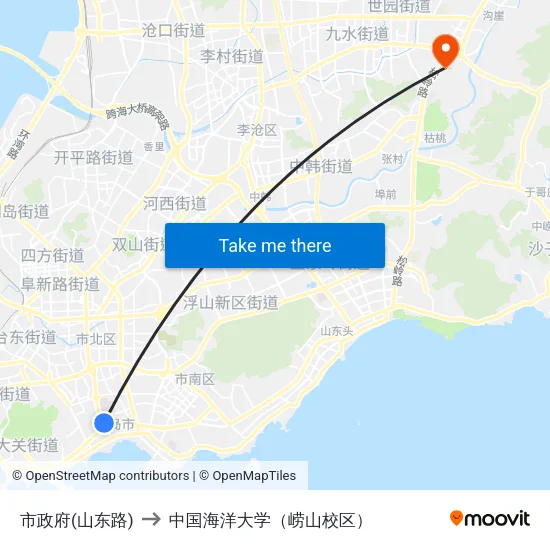 市政府(山东路) to 中国海洋大学（崂山校区） map
