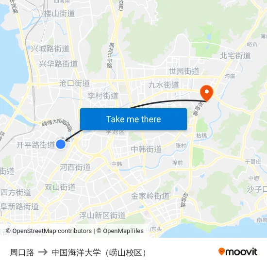 周口路 to 中国海洋大学（崂山校区） map