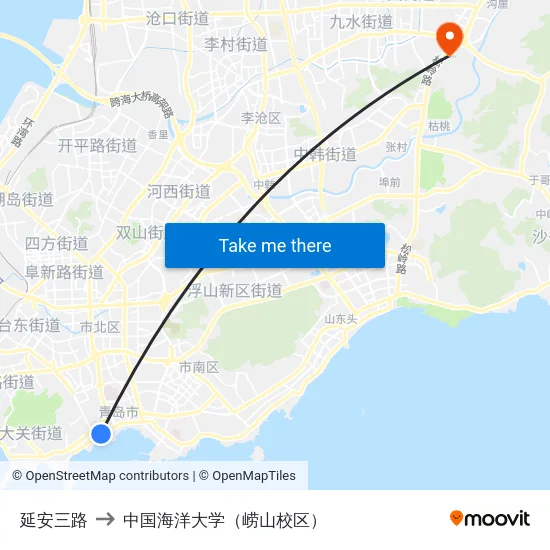 延安三路 to 中国海洋大学（崂山校区） map