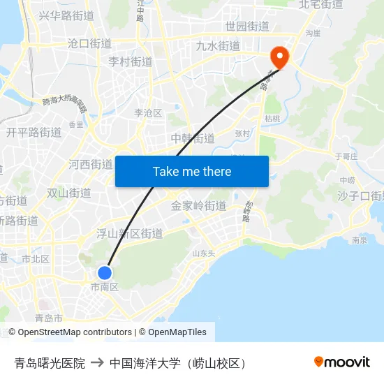 青岛曙光医院 to 中国海洋大学（崂山校区） map