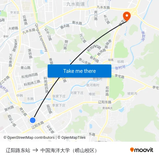 辽阳路东站 to 中国海洋大学（崂山校区） map