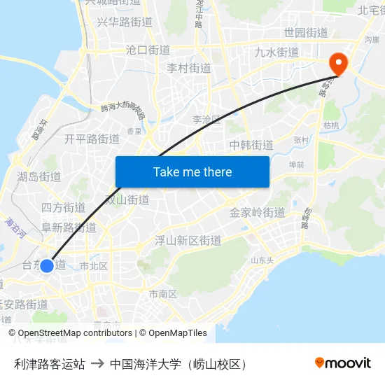 利津路客运站 to 中国海洋大学（崂山校区） map