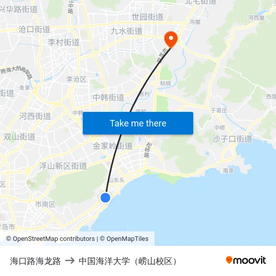 海口路海龙路 to 中国海洋大学（崂山校区） map
