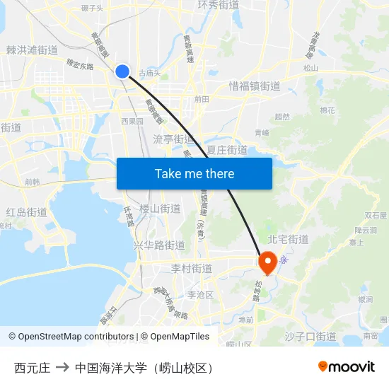 西元庄 to 中国海洋大学（崂山校区） map