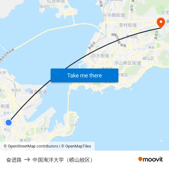 奋进路 to 中国海洋大学（崂山校区） map