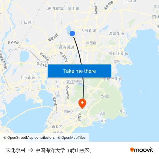 宋化泉村 to 中国海洋大学（崂山校区） map