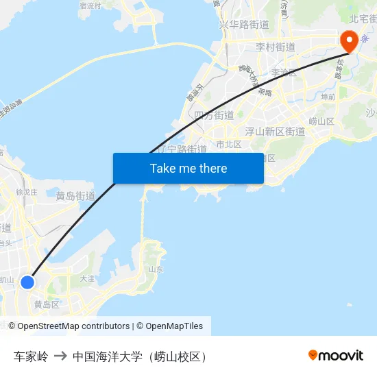 车家岭 to 中国海洋大学（崂山校区） map