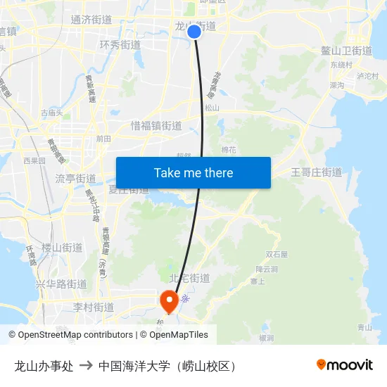 龙山办事处 to 中国海洋大学（崂山校区） map