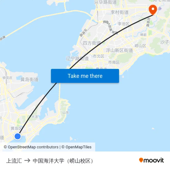 上流汇 to 中国海洋大学（崂山校区） map