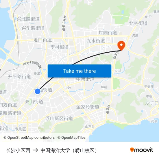 长沙小区西 to 中国海洋大学（崂山校区） map