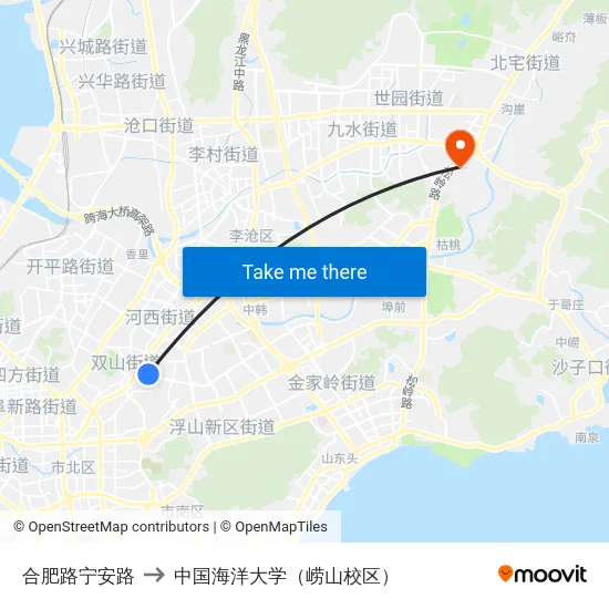 合肥路宁安路 to 中国海洋大学（崂山校区） map