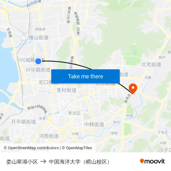 娄山翠湖小区 to 中国海洋大学（崂山校区） map