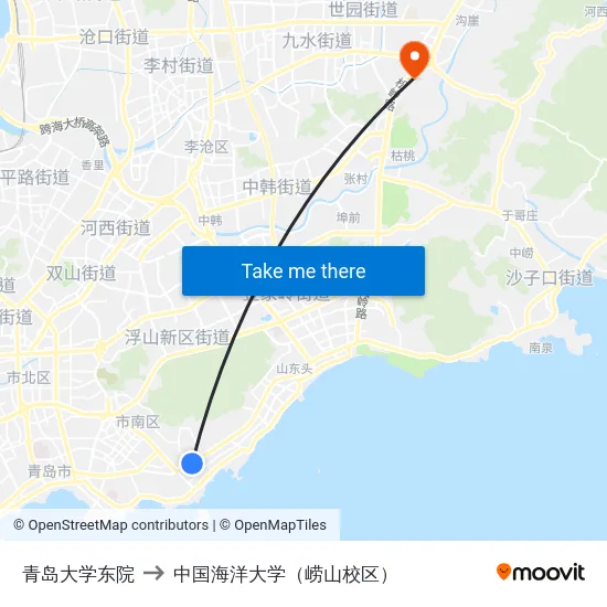 青岛大学东院 to 中国海洋大学（崂山校区） map