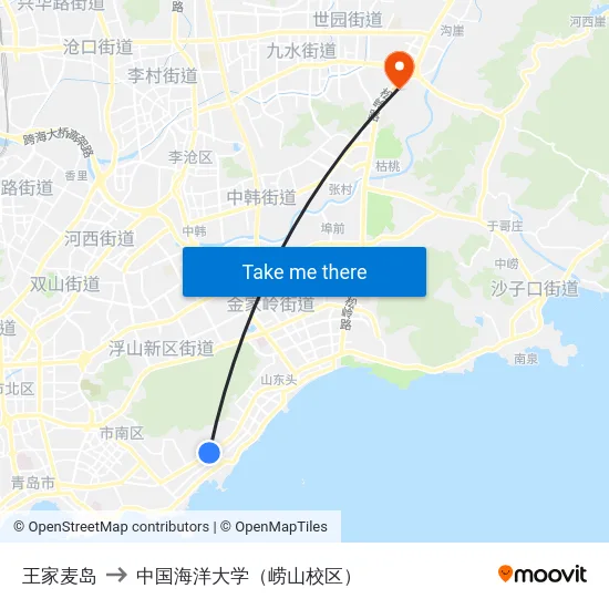 王家麦岛 to 中国海洋大学（崂山校区） map