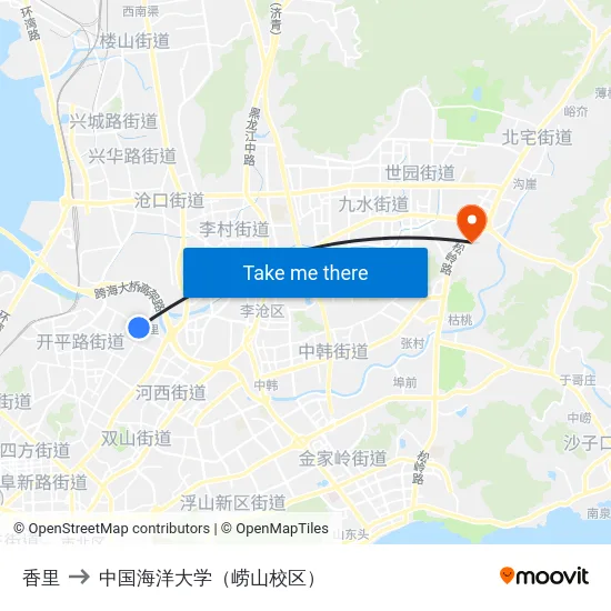 香里 to 中国海洋大学（崂山校区） map