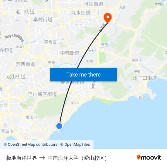 极地海洋世界 to 中国海洋大学（崂山校区） map
