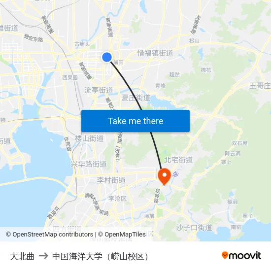 大北曲 to 中国海洋大学（崂山校区） map