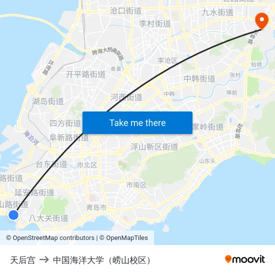 天后宫 to 中国海洋大学（崂山校区） map