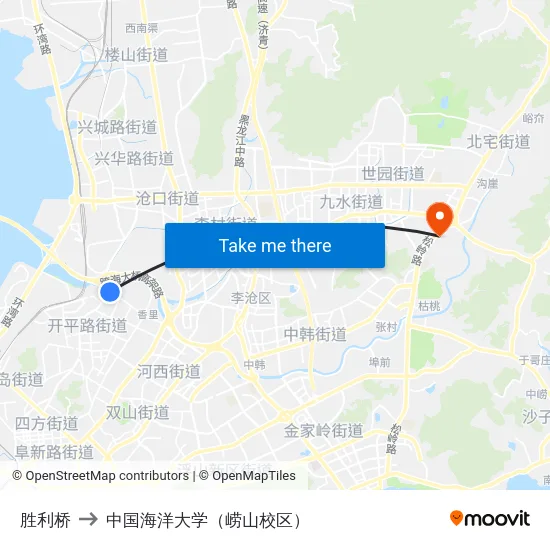 胜利桥 to 中国海洋大学（崂山校区） map
