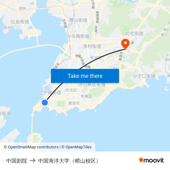 中国剧院 to 中国海洋大学（崂山校区） map