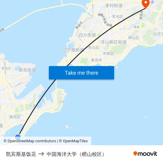 凯宾斯基饭店 to 中国海洋大学（崂山校区） map