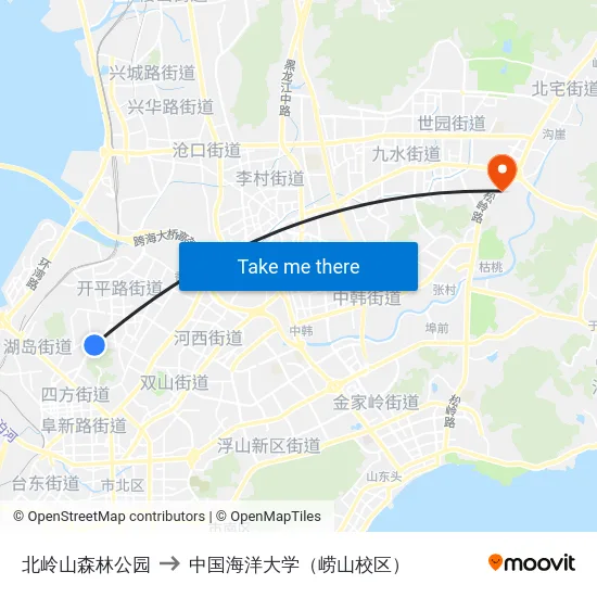 北岭山森林公园 to 中国海洋大学（崂山校区） map