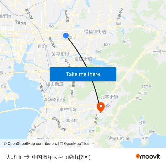 大北曲 to 中国海洋大学（崂山校区） map