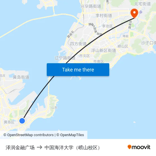 泽润金融广场 to 中国海洋大学（崂山校区） map