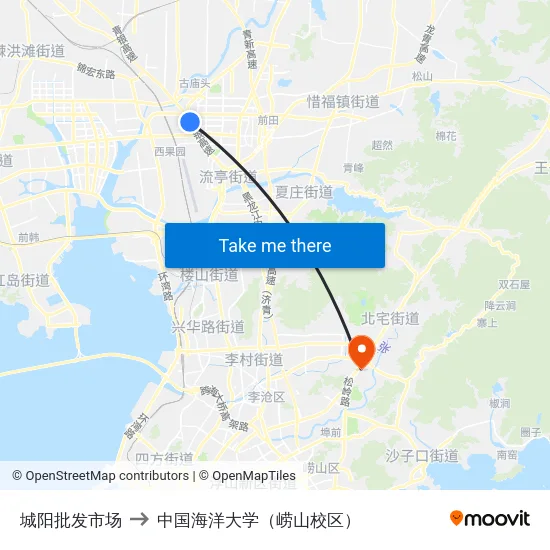 城阳批发市场 to 中国海洋大学（崂山校区） map