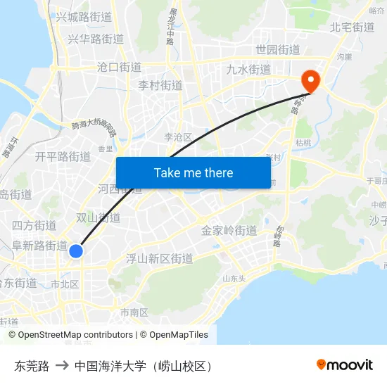 东莞路 to 中国海洋大学（崂山校区） map