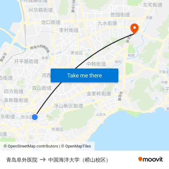 青岛阜外医院 to 中国海洋大学（崂山校区） map