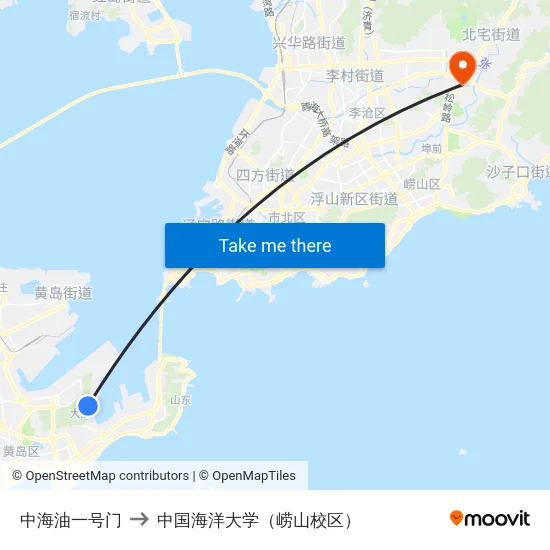 中海油一号门 to 中国海洋大学（崂山校区） map