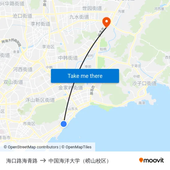 海口路海青路 to 中国海洋大学（崂山校区） map