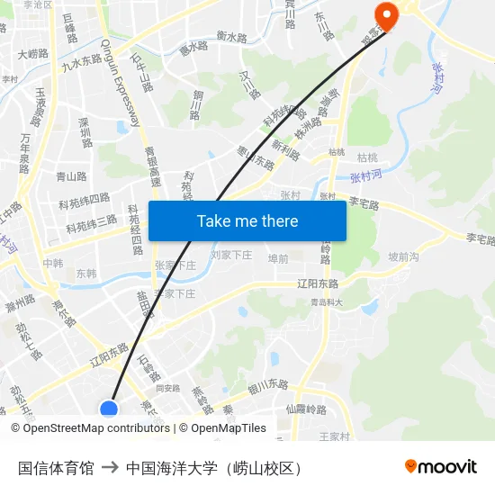 国信体育馆 to 中国海洋大学（崂山校区） map