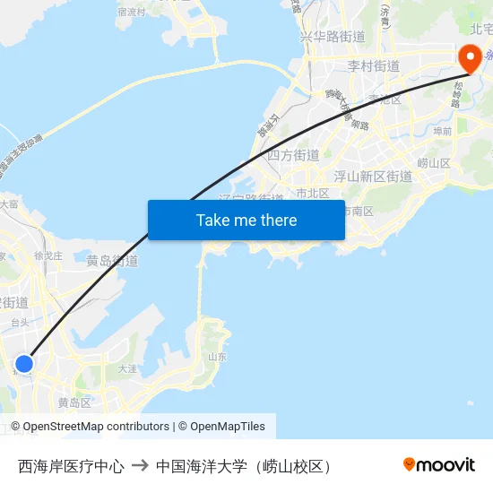 西海岸医疗中心 to 中国海洋大学（崂山校区） map