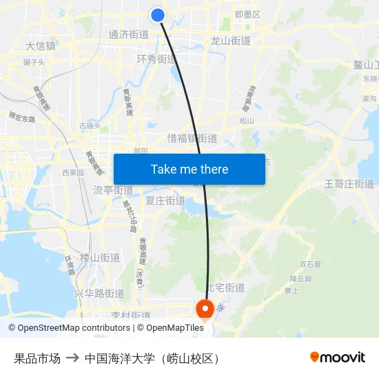 果品市场 to 中国海洋大学（崂山校区） map