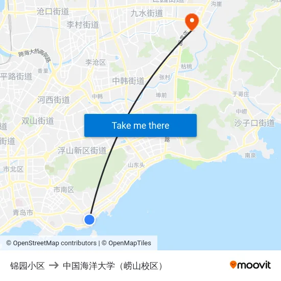 锦园小区 to 中国海洋大学（崂山校区） map