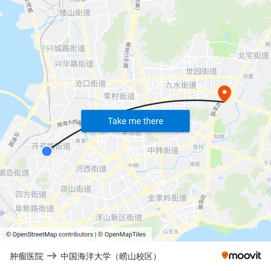 肿瘤医院 to 中国海洋大学（崂山校区） map