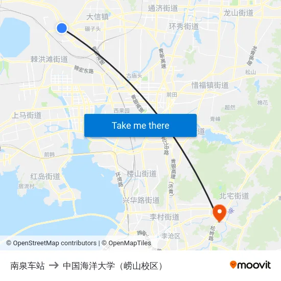 南泉车站 to 中国海洋大学（崂山校区） map