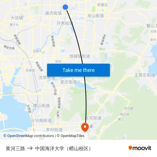 黄河三路 to 中国海洋大学（崂山校区） map