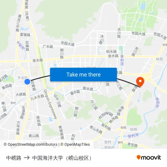 中崂路 to 中国海洋大学（崂山校区） map