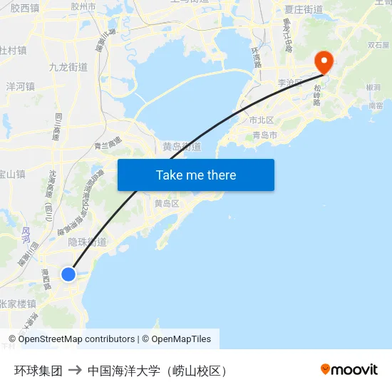 环球集团 to 中国海洋大学（崂山校区） map