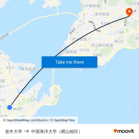 老年大学 to 中国海洋大学（崂山校区） map